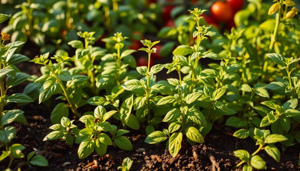 A neatly arranged garden scene, illuminated by warm, natural lighting. In the foreground, a cluster of common garden pests - aphids, caterpillars, and slugs - are visible, causing mischief among the lush foliage. In the middle ground, a verdant patch of basil plants stands tall, their vibrant green leaves and delicate flowers conveying a sense of vitality and resilience. The background features a harmonious blend of other thriving plants, hinting at the symbiotic relationship between the tomatoes and basil. The overall composition exudes a sense of balance and the resilience of a healthy, organic garden.
