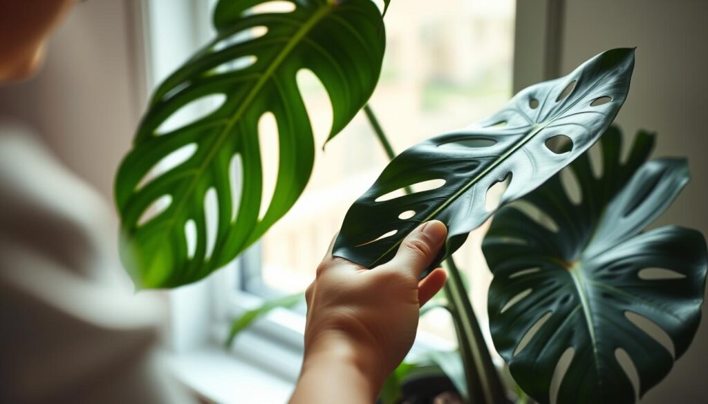 A photorealistic, well-lit indoor scene depicting a person closely examining the leaves of a healthy monstera plant. The foreground shows the person's hands gently inspecting the leaves, observing their color and texture. The middle ground features the lush, green foliage of the monstera plant, with distinctive perforated leaves. The background is a neutral, natural setting, perhaps a windowsill or plant shelf, allowing the viewer to focus on the inspection process. The overall mood is one of calm, attentive observation, conveying the importance of closely evaluating a monstera's health through its leaf condition.