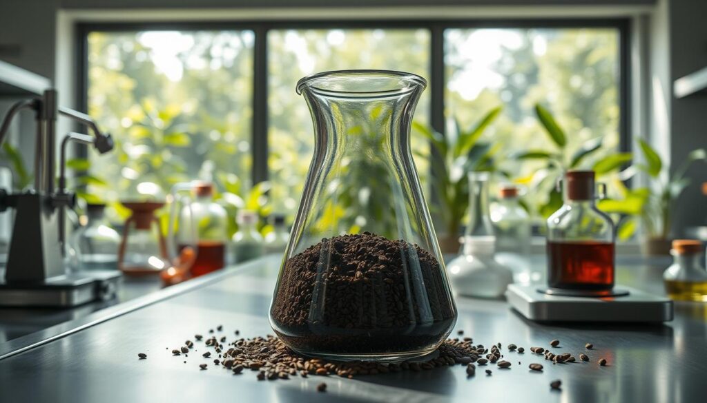 A photorealistic, well-lit laboratory scene featuring a close-up of a glass beaker filled with dark roasted coffee grounds. The beaker is placed on a sleek, stainless steel workbench, surrounded by various scientific instruments and glassware. The lighting is bright and directional, casting sharp shadows and highlighting the intricate texture and color variations of the coffee grounds. In the background, a large window offers a view of a lush, verdant garden, creating a sense of connection between the scientific inquiry and the natural world. The overall atmosphere conveys a sense of scientific exploration and discovery, inviting the viewer to delve into the fascinating science behind the humble coffee grounds and their potential impact on plant growth.