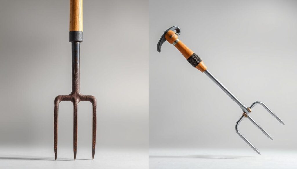 A photorealistic, well-lit side-by-side comparison of a compost fork and a regular pitchfork. The compost fork has four sturdy, slightly curved tines designed for aerating and turning compost piles. The pitchfork has three longer, straighter tines better suited for lifting and moving loose materials like hay or straw. Both tools are shown in a neutral, clean background that highlights their distinct shapes and purposes. The lighting emphasizes the textures of the wooden handles and metal tines, creating a sense of depth and realism.