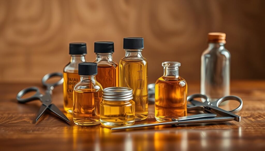 A photorealistic, well-lit still life arrangement of various high-quality oils for maintaining and sharpening shears. The scene features a selection of small glass bottles or jars filled with clear, viscous liquids in different shades of amber, arranged on a polished wooden surface. The lighting creates a warm, inviting atmosphere, highlighting the reflective qualities of the glass containers and the subtle textures of the wooden background. The composition emphasizes the tools and accessories necessary to keep shears in peak condition, conveying a sense of precision and attention to detail essential for the proper care of these essential cutting implements.