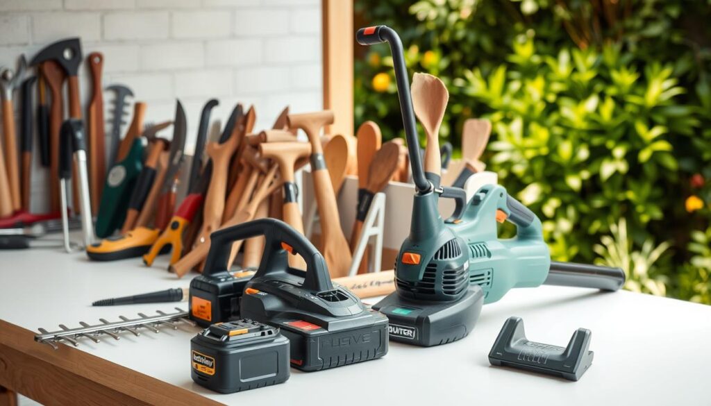 A pristine workbench showcases an array of manual gardening tools, their wooden handles and metal components gleaming under the soft, natural lighting. In the foreground, a selection of battery-powered tools - a cordless hedge trimmer, a compact lawn mower, and a robust leaf blower - stand in contrast, their sleek, modern designs hinting at their technological prowess. The background depicts a lush, verdant garden, inviting the viewer to imagine the tasks these tools might accomplish. The scene conveys a sense of thoughtful consideration, highlighting the cost-related trade-offs between traditional manual tools and their battery-powered counterparts. A pristine workbench showcases an array of manual gardening tools, their wooden handles and metal components gleaming under the soft, natural lighting. In the foreground, a selection of battery-powered tools - a cordless hedge trimmer, a compact lawn mower, and a robust leaf blower - stand in contrast, their sleek, modern designs hinting at their technological prowess. The background depicts a lush, verdant garden, inviting the viewer to imagine the tasks these tools might accomplish. The scene conveys a sense of thoughtful consideration, highlighting the cost-related trade-offs between traditional manual tools and their battery-powered counterparts.