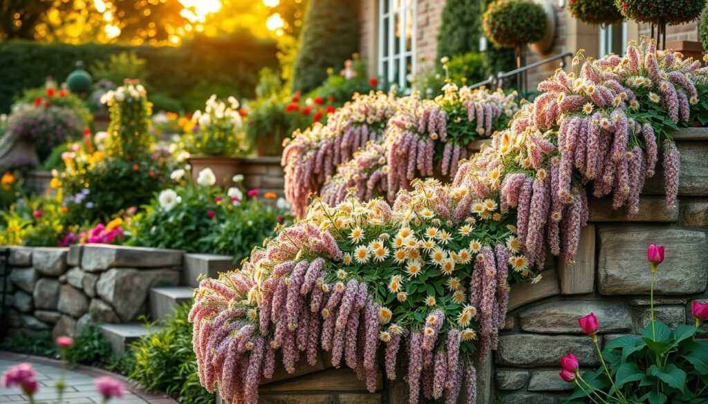 A romantic UK cottage garden featuring Erigeron karvinskianus cascading over walls and steps