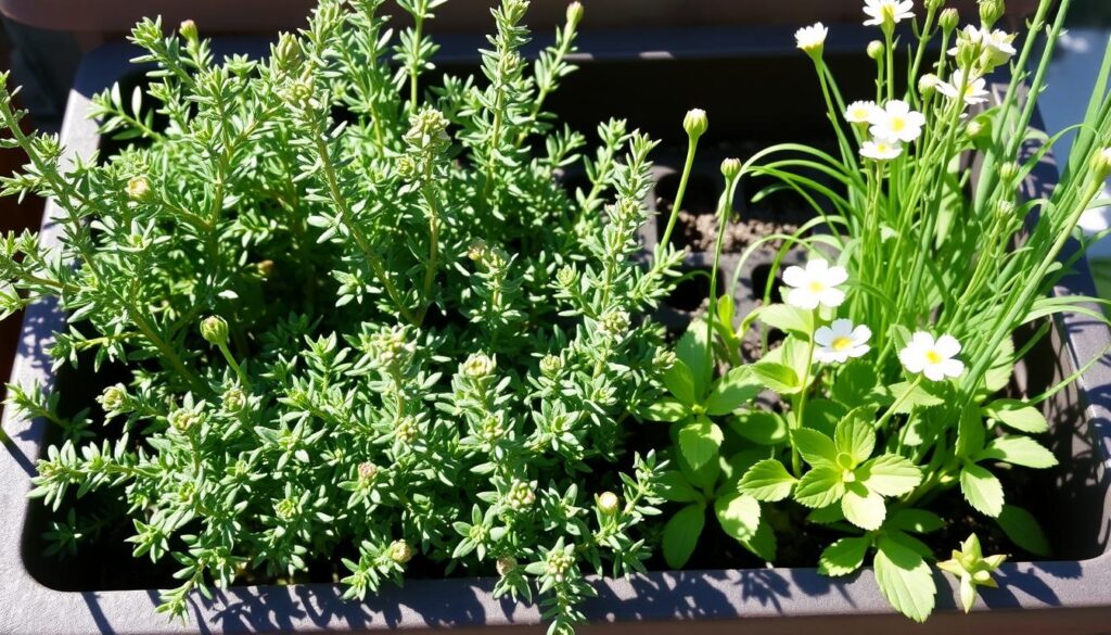 A small container garden featuring thyme growing alongside companion herbs