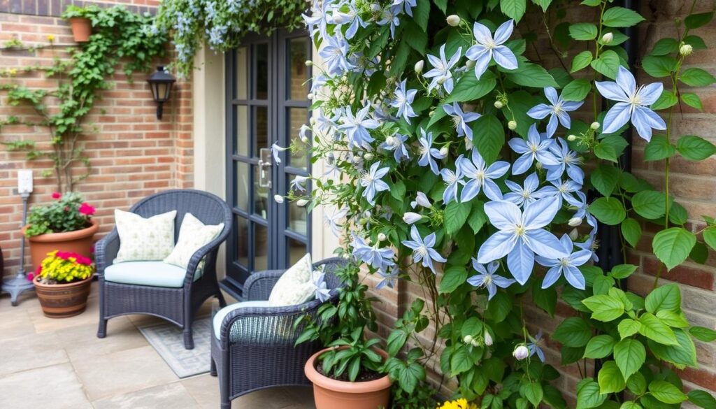 A small garden patio featuring Clematis alpina growing on a trellis, creating vertical interest in a limited space