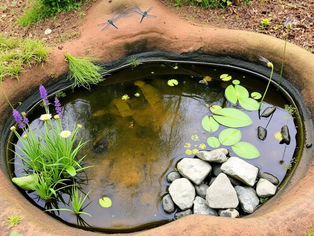 A small wildlife pond with native marginal plants and a shallow access point