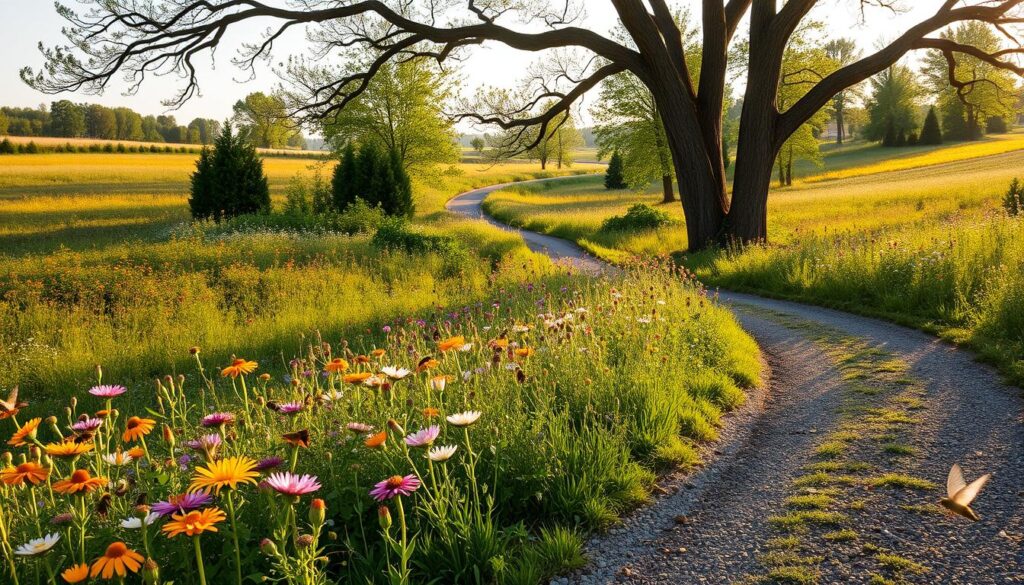 A sprawling pollinator highway, with lush wildflowers and native plants lining a winding path. Bees, butterflies, and other pollinators flit among the blossoms, their delicate wings catching the warm, golden sunlight. In the foreground, a well-maintained gravel trail invites pedestrians and cyclists to explore this verdant oasis. Towering trees frame the scene, their branches casting gentle shadows across the vibrant landscape. The overall atmosphere is one of harmony and abundance, showcasing the importance of creating sustainable habitats for our essential pollinator species.