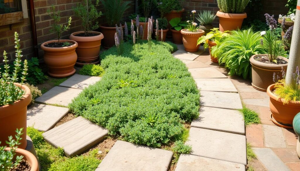 A thriving small space garden featuring thyme as ground cover between stepping stones and in containers