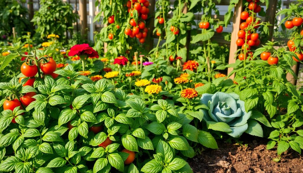 A thriving vegetable garden, bursting with vibrant greens and vibrant red tomatoes. In the foreground, lush basil plants intermingle with the tomato vines, their leaves glistening with morning dew. The middle ground showcases a variety of companion plants, each playing a role in the ecosystem - fragrant marigolds, hardy nasturtiums, and leafy kale. In the background, a rustic wooden trellis supports the climbing tomato plants, casting intriguing shadows across the scene. The lighting is soft and natural, illuminating the verdant foliage and the rich, fertile soil. A sense of harmony and balance permeates the image, showcasing the beauty and sustainability of this integrated garden.