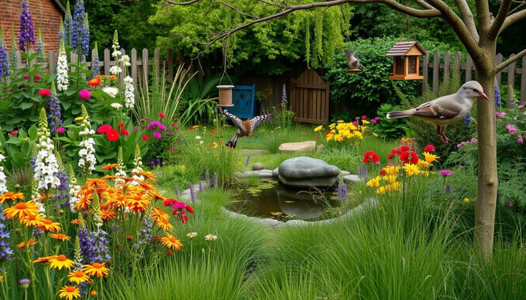 A thriving wildlife-friendly garden in the UK with native wildflowers, bird feeders, and a small pond