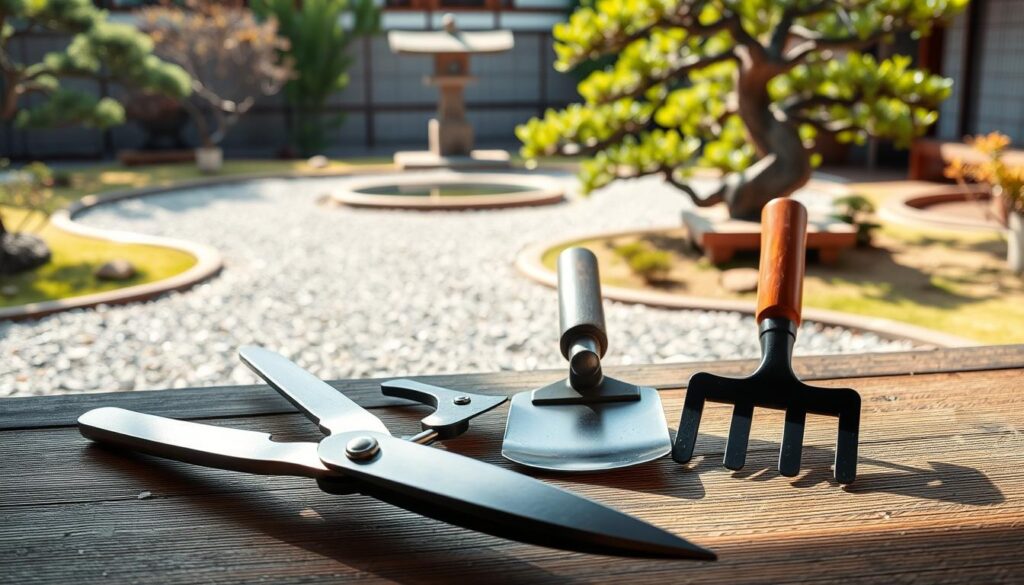 A tranquil Japanese garden scene, with a well-lit display of traditional gardening tools. In the foreground, a pair of precision-crafted pruning shears, their blades gleaming under the soft natural light. In the middle ground, a sturdy trowel and a small hand rake, their wooden handles polished to a warm, earthy tone. In the background, a neatly raked gravel path leads to a serene pond, surrounded by carefully manicured bonsai trees and a stone lantern. The overall composition evokes a sense of harmony and balance, inviting the viewer to imagine incorporating these timeless tools into their own gardening routine. A tranquil Japanese garden scene, with a well-lit display of traditional gardening tools. In the foreground, a pair of precision-crafted pruning shears, their blades gleaming under the soft natural light. In the middle ground, a sturdy trowel and a small hand rake, their wooden handles polished to a warm, earthy tone. In the background, a neatly raked gravel path leads to a serene pond, surrounded by carefully manicured bonsai trees and a stone lantern. The overall composition evokes a sense of harmony and balance, inviting the viewer to imagine incorporating these timeless tools into their own gardening routine.