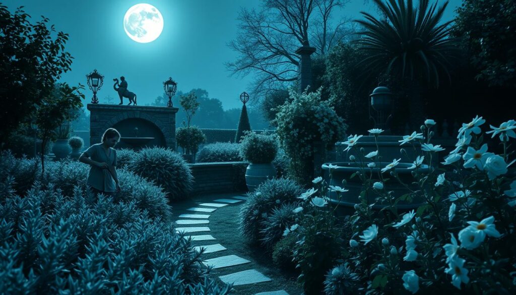 A tranquil moonlit garden, the soft glow illuminating a serene landscape. In the foreground, a gardener delicately tends to the lush, silvery foliage, pruning and tending to the plants with a gentle touch. The middle ground features a winding path leading through a variety of moon-loving flowers, their petals shimmering in the cool moonlight. In the background, a stone fountain gently bubbles, its soothing sounds complementing the peaceful atmosphere. The scene is bathed in a cool, ethereal light, creating a sense of enchantment and wonder. Photorealistic and well-lit, capturing the essence of a thriving moon garden in need of tender, mindful maintenance.