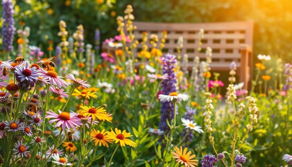 A verdant garden filled with a diverse array of vibrant blooms, buzzing with the industrious activity of pollinating bees. In the foreground, a lush cluster of nectar-rich flowers in shades of purple, pink, and yellow, their petals gently swaying in a soft breeze. The middle ground features a mix of flowering perennials and herbs, their stems reaching skyward, providing abundant food sources for the buzzing pollinators. In the background, a wooden garden bench sits amidst a backdrop of leafy foliage, hinting at the tranquil and inviting atmosphere of this bee-friendly oasis. The scene is bathed in warm, golden sunlight, casting a natural, photorealistic glow over the entire composition.