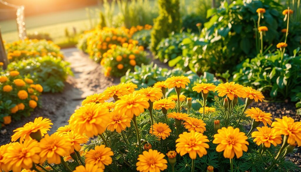 A vibrant and lush vegetable bed, its centerpiece a captivating display of marigolds. In the foreground, their golden petals catch the warm, soft light, casting a gentle glow across the scene. The middle ground showcases a variety of thriving vegetables, their verdant foliage complementing the marigolds' vibrant hues. In the background, a well-tended garden path leads the eye, inviting the viewer to step into this serene and inviting oasis. The overall composition is balanced, with a sense of depth and dimensionality, creating a photorealistic and visually striking representation of the aesthetic appeal of marigolds in a vegetable bed. A vibrant and lush vegetable bed, its centerpiece a captivating display of marigolds. In the foreground, their golden petals catch the warm, soft light, casting a gentle glow across the scene. The middle ground showcases a variety of thriving vegetables, their verdant foliage complementing the marigolds' vibrant hues. In the background, a well-tended garden path leads the eye, inviting the viewer to step into this serene and inviting oasis. The overall composition is balanced, with a sense of depth and dimensionality, creating a photorealistic and visually striking representation of the aesthetic appeal of marigolds in a vegetable bed.