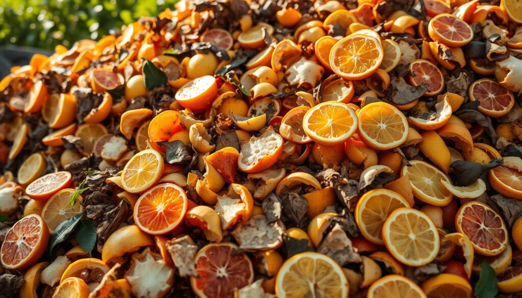A vibrant compost pile, overflowing with citrus peels, halves, and wedges. The scene is bathed in warm, golden light, casting soft shadows and highlighting the textured surfaces of the organic matter. Layers of tangerine, lemon, and grapefruit rinds intermingle, creating a mosaic of vibrant hues. The foreground features a close-up view, emphasizing the intricate patterns and rich colors of the decomposing citrus. The middle ground showcases the larger compost pile, while the background suggests a lush, green garden setting, hinting at the cycle of life and renewal. The image conveys a sense of abundance, natural processes, and the unexpected benefits of incorporating citrus into the compost.