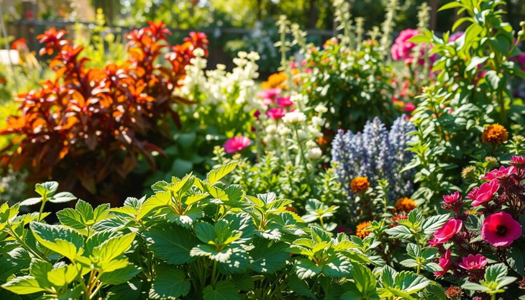 A vibrant garden scene showcasing diverse plant pairings in a photorealistic, well-lit composition. In the foreground, lush leafy greens of an edible herb plant intertwine with the delicate blooms of a companion ornamental. The midground features a mix of textured foliage, from the broad leaves of a vegetable to the finely detailed petals of a flowering shrub. In the background, a harmonious palette of colors and shapes creates a sense of depth, drawing the eye through the layered plantings. Dappled sunlight filters through, casting a warm, natural glow over the entire scene. The overall atmosphere conveys the benefits of thoughtful plant pairing - a thriving, resilient garden that serves both practical and aesthetic purposes.