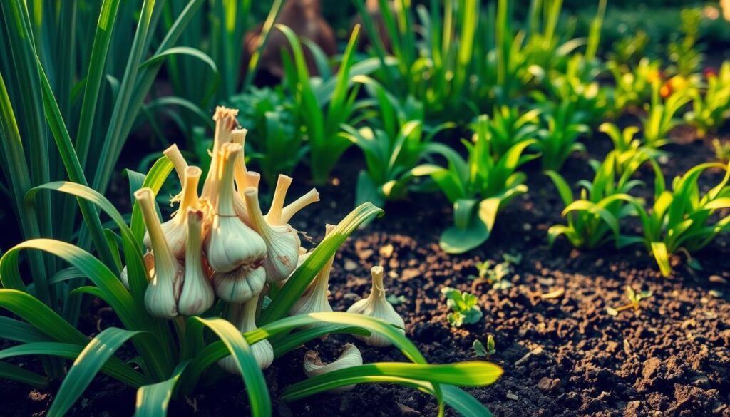 A vibrant garden scene showcasing the benefits of garlic as a natural pest control. In the foreground, a close-up view of lush, green leaves and stems, with clusters of fresh garlic bulbs emerging from the soil. The middle ground features a variety of healthy, thriving plants, their leaves and stems free of any signs of pests or damage. In the background, a neatly tended garden bed, illuminated by warm, natural lighting that casts a gentle glow over the entire scene. The overall atmosphere is one of vitality, harmony, and the power of nature's own pesticide - garlic.