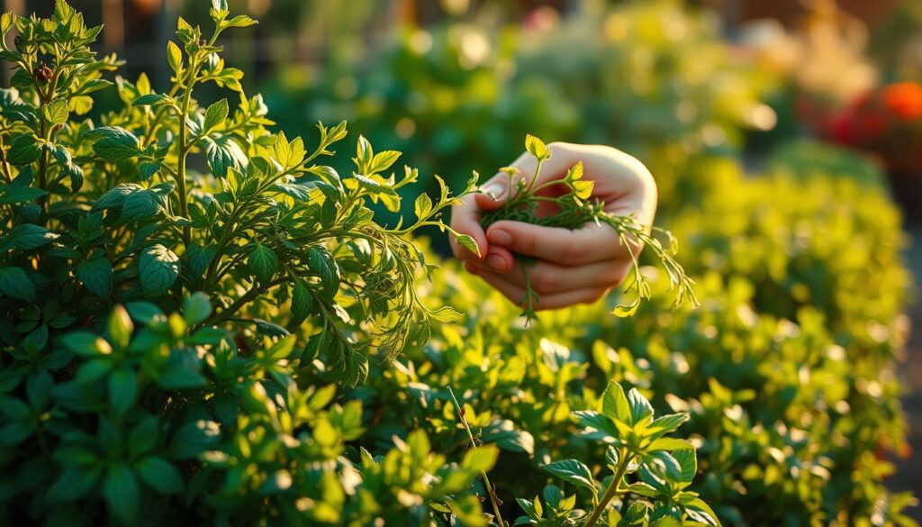 A vibrant, photorealistic scene of a person carefully harvesting freshly grown herbs. In the foreground, delicate sprigs of fragrant herbs are gently plucked from lush, verdant plants. The middle ground showcases the intricate techniques used, with nimble fingers deftly separating the leaves from the stems. The background reveals a well-tended garden, bathed in warm, golden light that accentuates the natural beauty of the herbs. The overall atmosphere is one of tranquility and mindfulness, capturing the essence of the perfect herb harvest for maximum flavor.