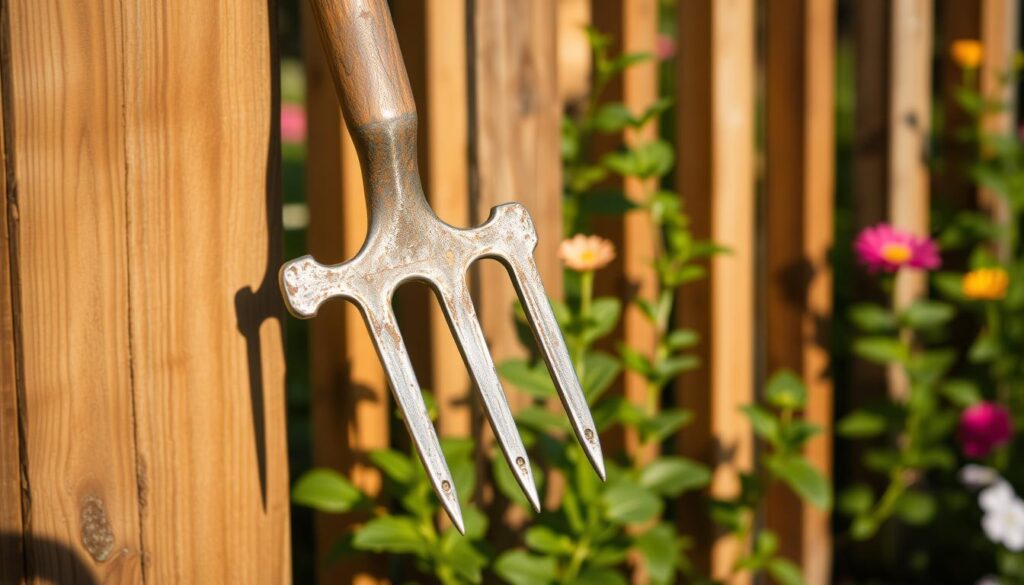 A weathered, sturdy garden fork rests against a wooden fence, its tines gleaming in the warm afternoon light. The fork's long, sturdy handle is made of solid wood, polished from years of use. The metal tines are sharp and well-maintained, ready to effortlessly pierce and turn the soil. The scene is set in a lush, well-tended garden, with vibrant green foliage and colorful blooms in the background, hinting at the productive and rewarding nature of the work this tool is designed for. The overall atmosphere is one of practicality, utility, and the satisfaction of hands-on gardening.
