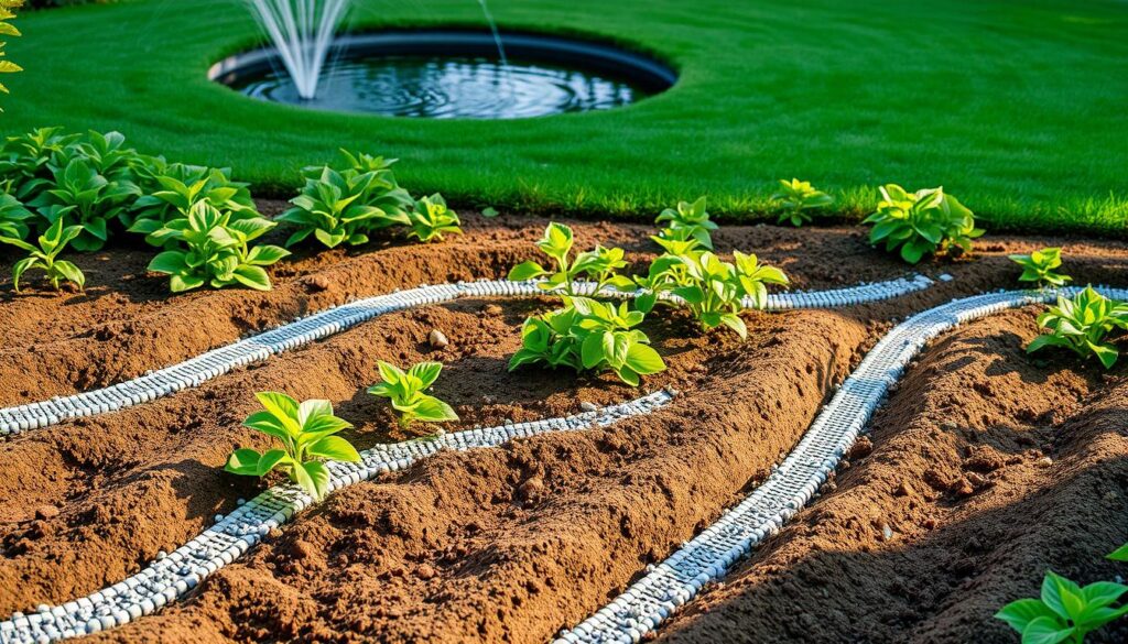 A well-designed garden landscape with a thoughtfully constructed drainage system. The foreground features a series of gently sloping soil beds, expertly graded to promote efficient water flow. Strategically placed gravel channels and perforated pipes weave through the soil, channeling excess moisture away from the plant roots. The middle ground showcases lush, thriving vegetation, their leaves glistening under the warm, directional lighting. In the background, a neatly trimmed lawn seamlessly transitions into a tranquil water feature, its surface gently rippling, reflecting the surrounding greenery. The overall scene conveys a sense of balance and harmony, where form and function work in concert to create the ideal conditions for healthy, vibrant plant growth.