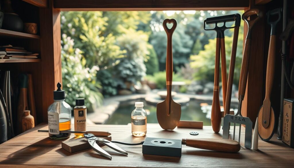 A well-lit Japanese garden shed, its shelves brimming with a variety of meticulously maintained gardening tools. In the foreground, a pair of pristine secateurs, their blades gleaming, sit next to a small whetstone and a bottle of precision-engineered tool oil. In the middle ground, a set of traditional Japanese hand hoes and garden rakes, their wooden handles polished to a warm, satin finish. The background reveals lush greenery and a tranquil koi pond, casting a serene atmosphere over the scene. The entire composition conveys a sense of reverence and care for these time-honored tools, essential for the art of Japanese gardening. A well-lit Japanese garden shed, its shelves brimming with a variety of meticulously maintained gardening tools. In the foreground, a pair of pristine secateurs, their blades gleaming, sit next to a small whetstone and a bottle of precision-engineered tool oil. In the middle ground, a set of traditional Japanese hand hoes and garden rakes, their wooden handles polished to a warm, satin finish. The background reveals lush greenery and a tranquil koi pond, casting a serene atmosphere over the scene. The entire composition conveys a sense of reverence and care for these time-honored tools, essential for the art of Japanese gardening.