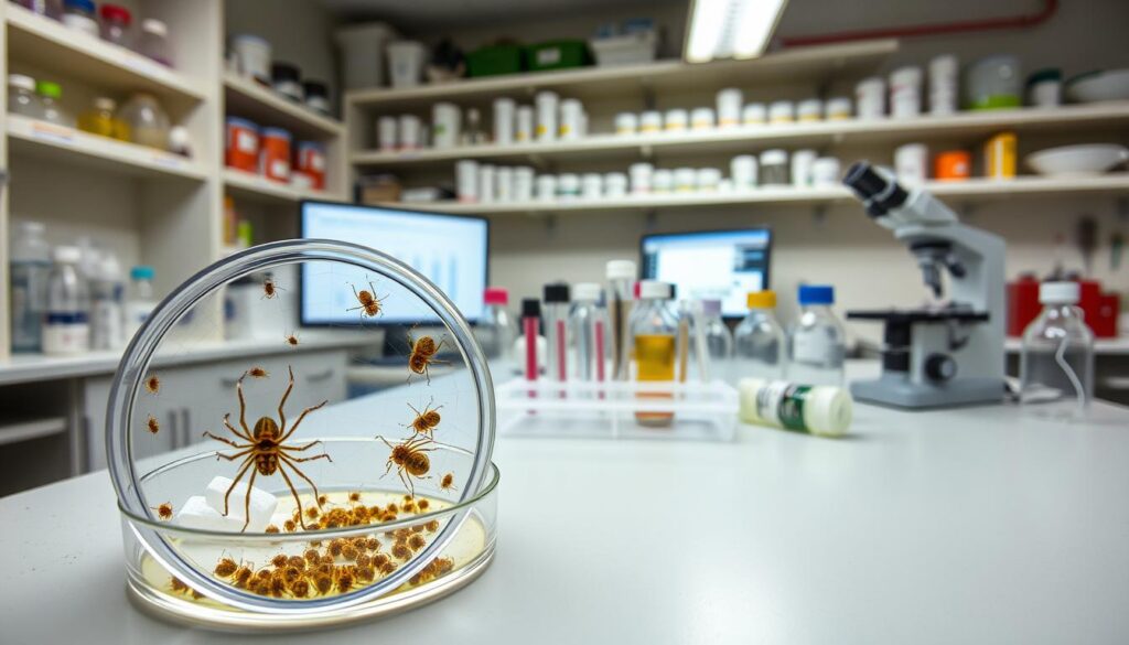 A well-lit laboratory workspace showcasing various chemical control strategies for spider mites. In the foreground, a petri dish contains a magnified view of the arachnids, their delicate bodies and intricate webbing visible. On the adjacent counter, an array of test tubes, beakers, and pipettes suggest ongoing research and experimentation. In the middle ground, a microscope and computer monitor display data and analysis. The background features shelves of labeled reagents and equipment, conveying the professional, scientific setting dedicated to understanding and managing this common plant pest.