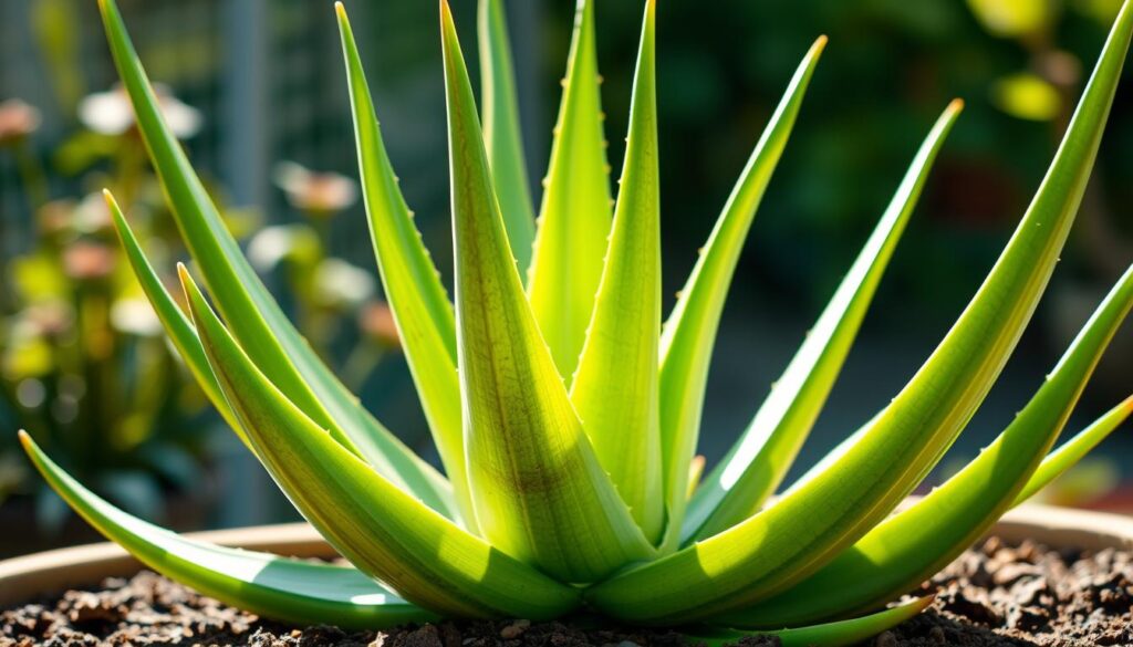 A well-lit, photorealistic close-up of an aloe vera plant, its thick green leaves unfurling with a healthy, vibrant glow. The succulent's sturdy, textured stems emerge from the soil, their edges gently ribbed. Sunlight streams in from the side, casting soft shadows that accentuate the plant's dimensional form. The background is a serene, blurred garden setting, hinting at the aloe vera's role as a sentinel, quietly monitoring the health of its surrounding environment.