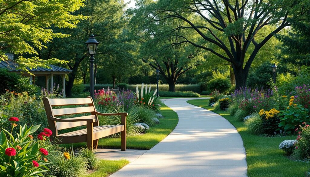 A well-lit, photorealistic garden scene showcasing safety and accessibility. In the foreground, a sturdy wooden bench nestled among lush greenery and vibrant flowers, inviting visitors to rest and relax. In the middle ground, a gently sloping path, wide and level, leading through the garden, accommodating various mobility needs. The background reveals a harmonious blend of mature trees, providing dappled shade and a sense of enclosure, creating a tranquil and secure atmosphere. Strategically placed lighting illuminates the path and highlights key features, ensuring visibility and safe navigation. The overall composition conveys a welcoming, accessible, and comfortable garden design that prioritizes the well-being and enjoyment of all visitors.