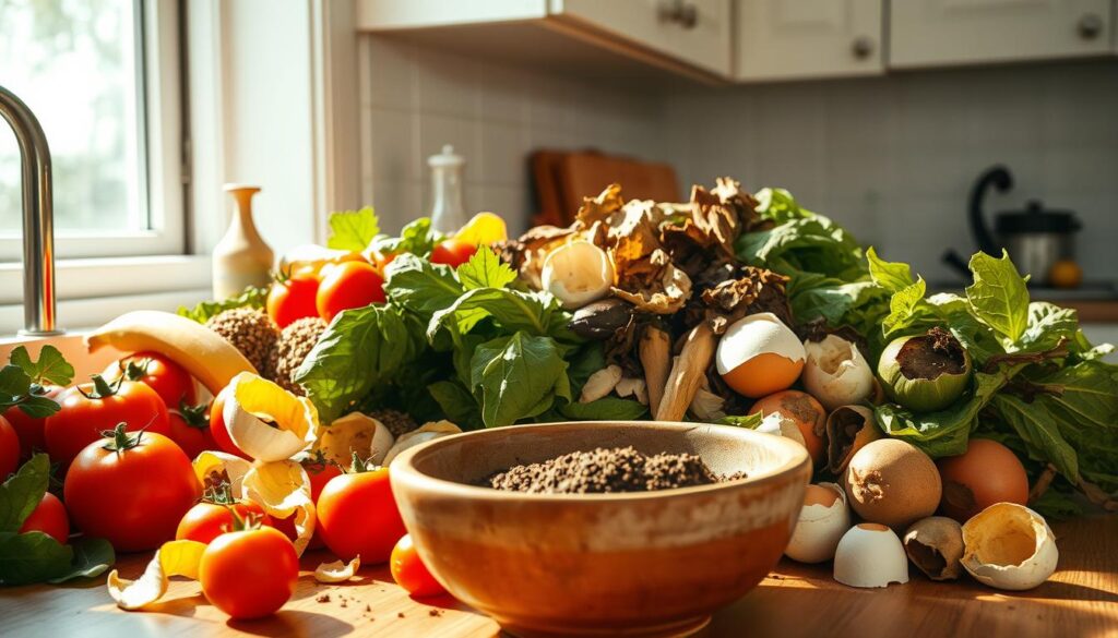 A well-lit, photorealistic kitchen counter overflowing with a variety of kitchen scraps - ripe tomatoes, banana peels, coffee grounds, eggshells, and wilted greens. Sunlight streams in through the window, casting a warm glow on the compost-bound materials. In the foreground, a sturdy ceramic bowl awaits the scraps, its earthy surface a perfect receptacle for the upcoming transformation. The background features clean, minimalist cabinetry, hinting at the tidy, organized nature of the composting process. The overall scene conveys a sense of eco-conscious mindfulness, where food waste is thoughtfully redirected towards nourishing new life.