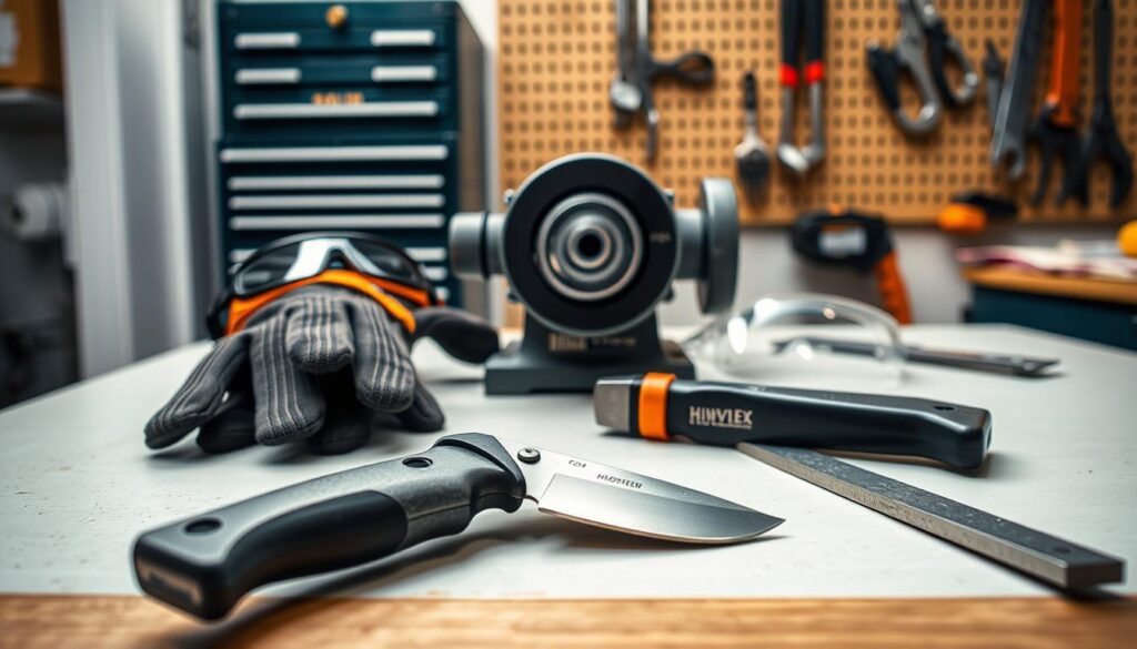 A well-lit, photorealistic scene depicting a set of safety tips for using a tool sharpener. In the foreground, a large, sharp utility knife rests on a clean workbench, surrounded by a pair of sturdy work gloves, safety goggles, and a metal file. In the middle ground, the tool sharpener itself takes center stage, its motor housing and grinding wheel clearly visible. The background features a neatly organized toolbox and a wall-mounted pegboard, hinting at a professional workshop environment. The overall mood is one of attention to detail and a focus on responsible tool maintenance and safe usage.