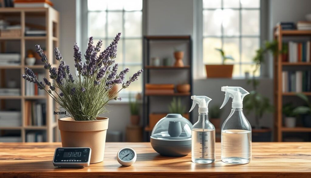A well-lit, photorealistic scene depicting the proper management of humidity levels for thriving lavender plants. In the foreground, a potted lavender plant sits on a wooden table, its delicate purple flowers and silvery-green foliage gently swaying. Carefully positioned around the plant are various humidity-regulating tools, such as a digital hygrometer, a small humidifier, and a spray bottle filled with purified water. The middle ground showcases a serene indoor setting with soft, diffused lighting filtering through large windows, creating a calming atmosphere. In the background, shelves adorned with gardening books and supplies provide a sense of a dedicated lavender cultivation space. The overall composition emphasizes the importance of maintaining the ideal humidity level to ensure the health and vibrant growth of the beloved lavender plant.