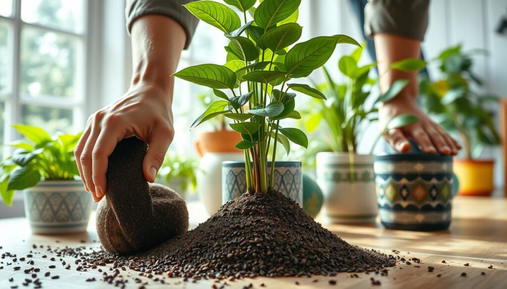 A well-lit, photorealistic scene of a person carefully applying coffee grounds around the base of potted plants. The foreground shows hands gently spreading the dark, granular coffee grounds in a circular pattern around the plant stems, ensuring even coverage. The middle ground features a variety of healthy, vibrant houseplants in decorative pots, showcasing the proper application technique. The background depicts a bright, airy indoor space with natural lighting filtering through large windows, creating a serene and informative atmosphere.