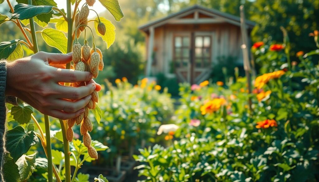A well-lit, photorealistic scene of a person carefully saving seeds from a flourishing, sun-dappled garden. In the foreground, the hands of the gardener tenderly pluck ripened seed pods from a towering plant, its leaves rustling in a gentle breeze. The middle ground reveals a colorful array of heirloom vegetables and herbs, their flowers and fruits bursting with life. In the background, a wooden shed stands amidst lush vegetation, casting soft shadows across the serene, earthy scene. The overall atmosphere conveys a sense of abundance, tradition, and the deep connection between the gardener and the cycle of growth.