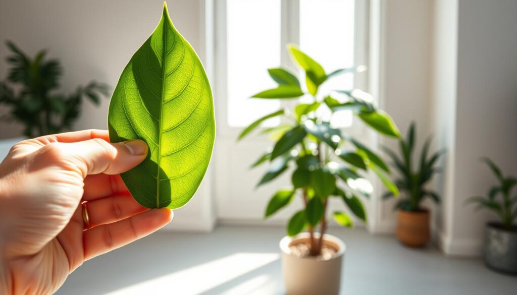 A well-lit, photorealistic scene showcasing the misconceptions surrounding polishing houseplants. In the foreground, a hand holds a glossy leaf, suggesting the common belief that polishing leaves improves their appearance. In the middle ground, a potted plant stands, its leaves reflecting the light differently, hinting at the futility of this practice. The background features a clean, minimalist interior, emphasizing the natural beauty of the unpolished plant. The overall mood is one of clarity and understanding, inviting the viewer to reconsider their assumptions about leaf care.