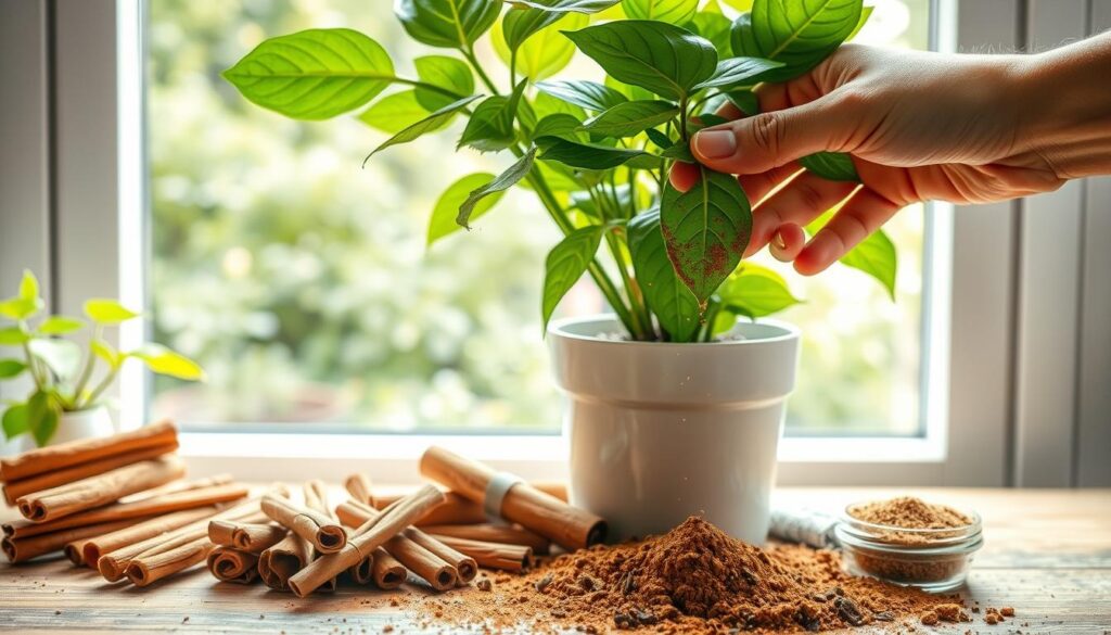 A well-lit, photorealistic scene showcasing the safe use of cinnamon. In the foreground, a hand carefully sprinkles cinnamon onto the soil around a healthy, thriving houseplant. The middle ground features an array of cinnamon sticks, whole and ground, alongside a small, labeled container. In the background, a window overlooking a lush, verdant garden provides natural lighting and a serene, calming atmosphere. The overall composition emphasizes the importance of measured, controlled application of cinnamon to protect plants from fungal infections, without overwhelming the viewer with extraneous details.