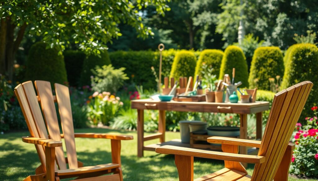 A well-maintained garden furniture set, sunlight filtering through leafy trees, creating a warm, inviting atmosphere. In the foreground, a pair of sturdy wooden chairs, their smooth surfaces gleaming from a recent oiling. In the middle ground, a weathered but sturdy potting bench, its shelves neatly organized with gardening tools and supplies. The background features a lush, verdant garden, with vibrant flowers and neatly trimmed hedges, creating a sense of tranquility and relaxation. The image is captured with a wide-angle lens, showcasing the entire scene in sharp, photorealistic detail, bathed in soft, natural lighting. A well-maintained garden furniture set, sunlight filtering through leafy trees, creating a warm, inviting atmosphere. In the foreground, a pair of sturdy wooden chairs, their smooth surfaces gleaming from a recent oiling. In the middle ground, a weathered but sturdy potting bench, its shelves neatly organized with gardening tools and supplies. The background features a lush, verdant garden, with vibrant flowers and neatly trimmed hedges, creating a sense of tranquility and relaxation. The image is captured with a wide-angle lens, showcasing the entire scene in sharp, photorealistic detail, bathed in soft, natural lighting.