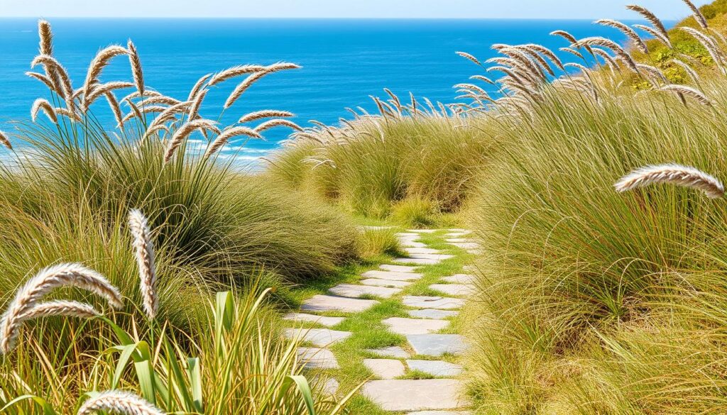 A windswept coastal garden in the UK with ornamental grasses bending in the breeze