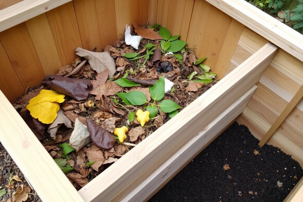 A wooden compost bin with various garden waste being added