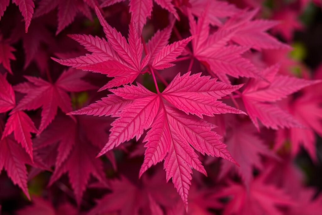 Acer palmatum 'Bloodgood' showing vibrant red autumn foliage in a small garden setting