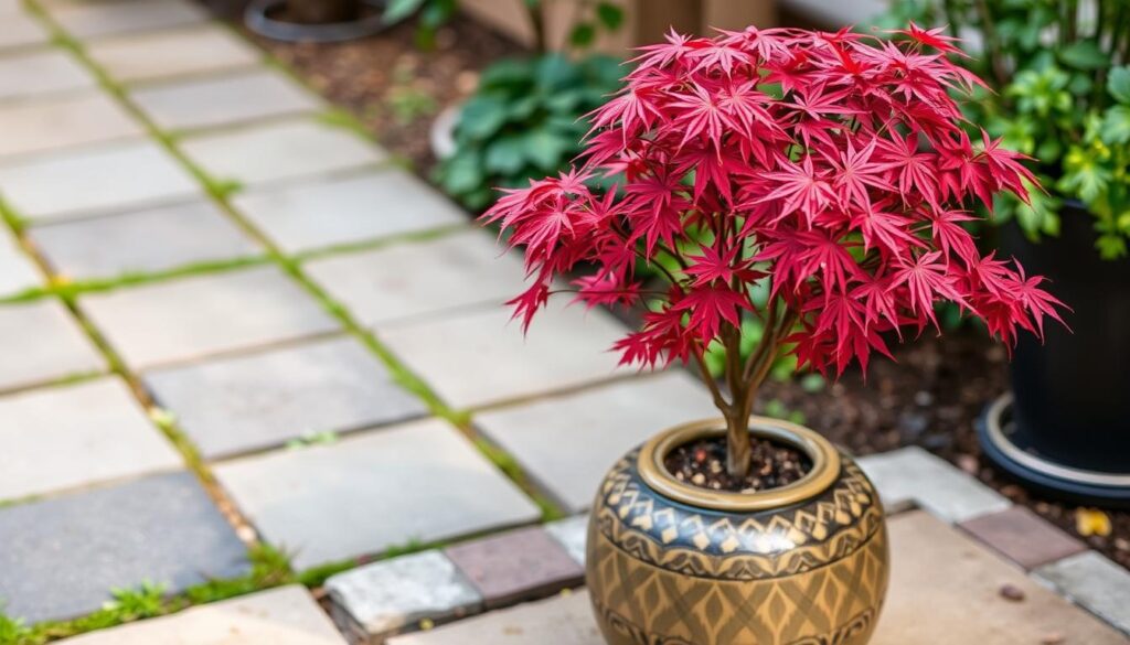 Acer palmatum in a decorative container on a small patio with stone pavers