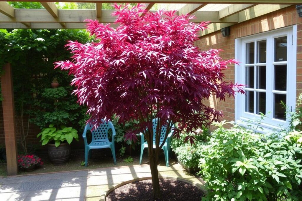 Acer palmatum in dappled shade position in a small courtyard garden