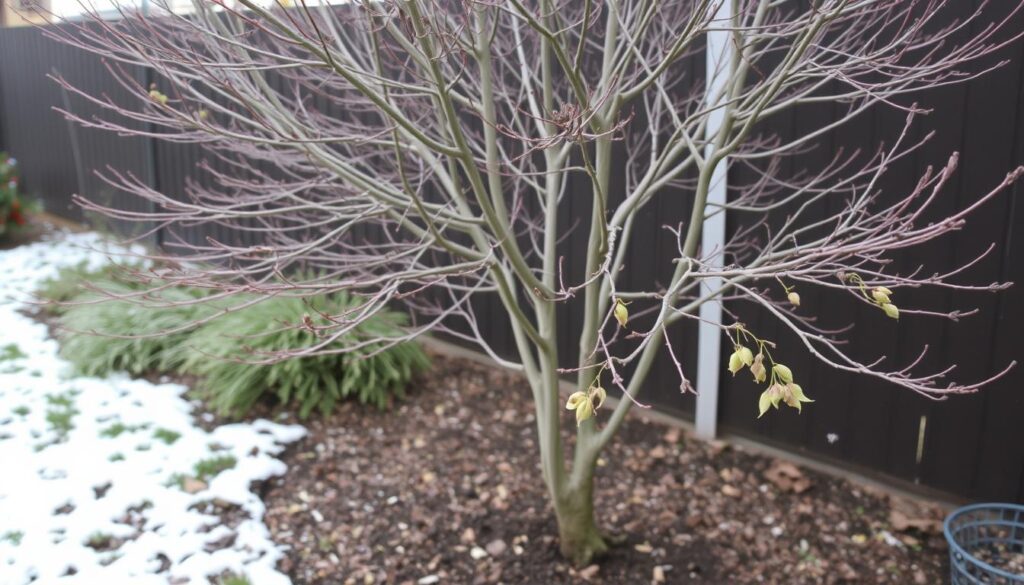 Acer palmatum in winter with proper protection in a small garden setting