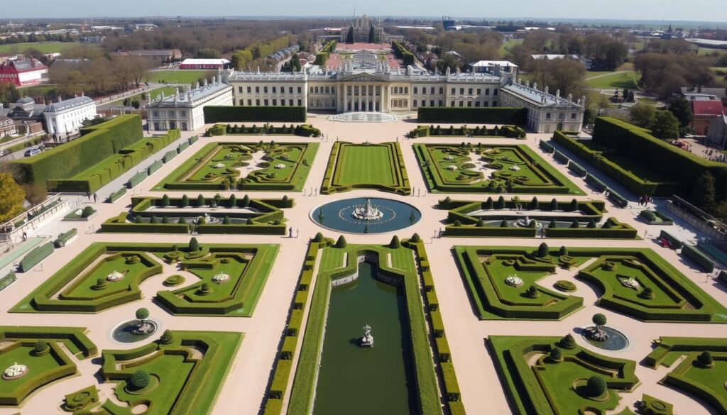 Aerial view of a formal garden design at Hampton Court Palace showing symmetrical patterns and geometric layouts