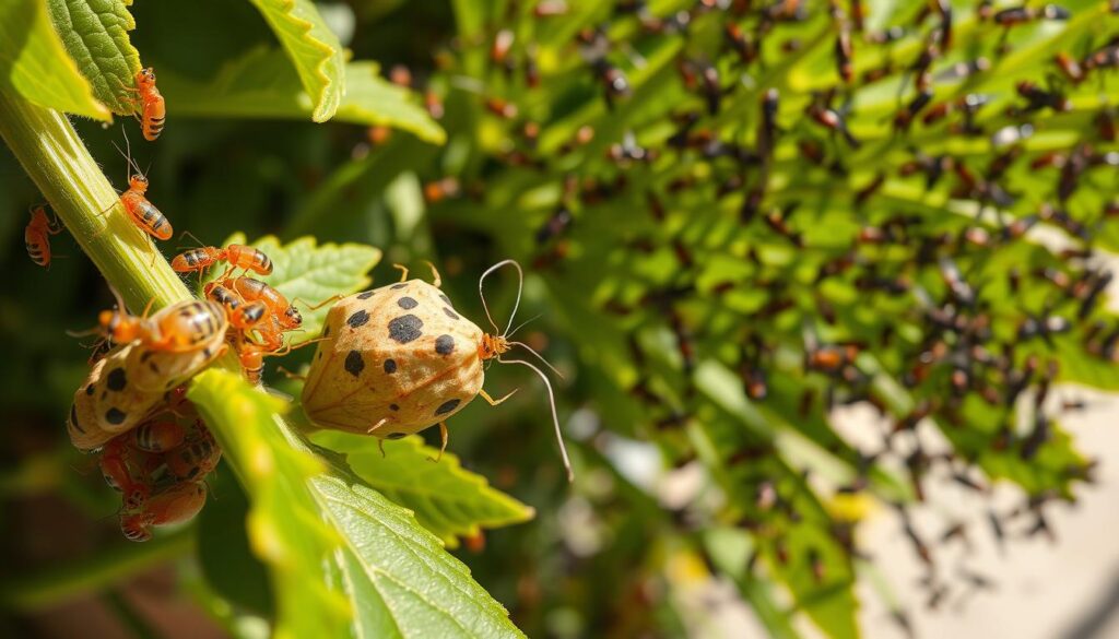 An array of vibrant, photorealistic plant pests and diseases, meticulously detailed against a softly blurred, well-lit background. In the foreground, a cluster of aphids cling to the leaves, their intricate bodies glistening. In the middle ground, a mottled fungal infection spreads across the stems, delicate tendrils reaching outward. In the background, a myriad of crawling, flying insects swarm the verdant foliage, casting ominous shadows. The scene conveys the urgent challenge of maintaining plant health, with a sense of both scientific scrutiny and natural drama. An array of vibrant, photorealistic plant pests and diseases, meticulously detailed against a softly blurred, well-lit background. In the foreground, a cluster of aphids cling to the leaves, their intricate bodies glistening. In the middle ground, a mottled fungal infection spreads across the stems, delicate tendrils reaching outward. In the background, a myriad of crawling, flying insects swarm the verdant foliage, casting ominous shadows. The scene conveys the urgent challenge of maintaining plant health, with a sense of both scientific scrutiny and natural drama.