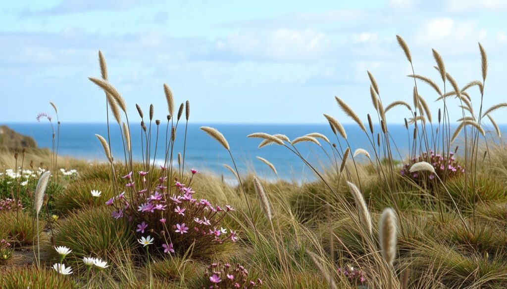 An exposed coastal garden with low-growing plants and grasses in the UK