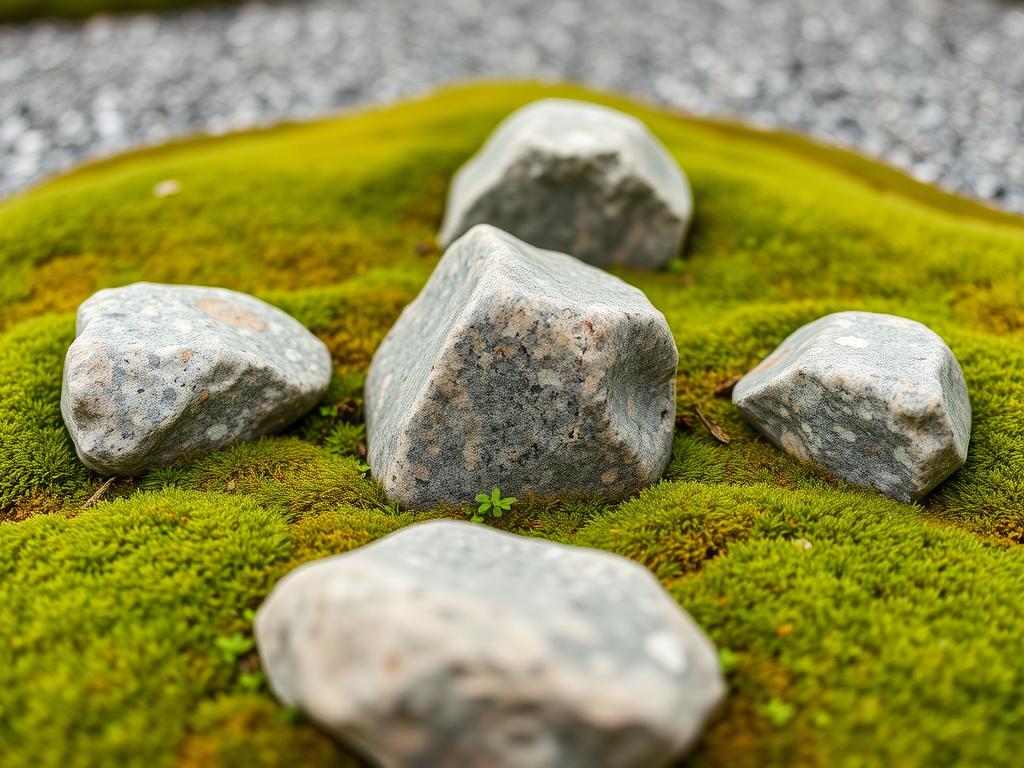 Asymmetrical arrangement of rocks and plants in Japanese-style garden design