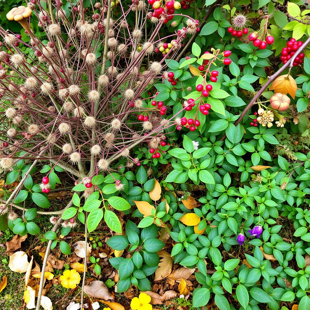 Autumn wildlife garden with seedheads, berries and late-flowering plants