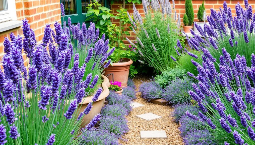 Beautiful small UK garden featuring lavender as a central element in the design