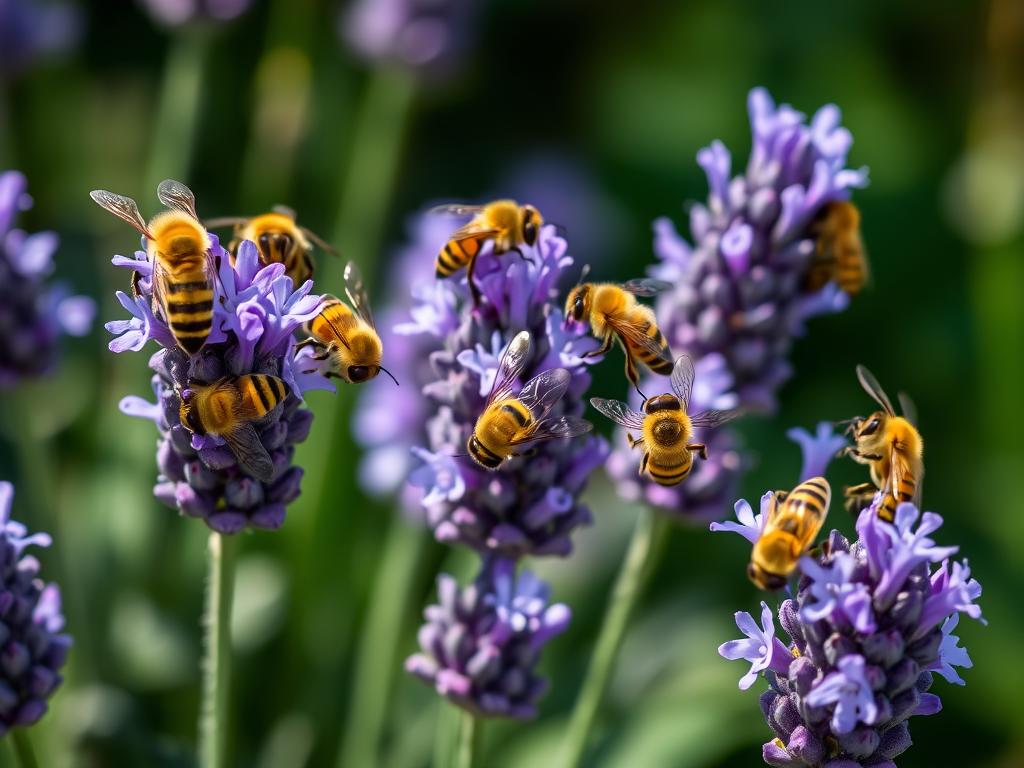 Bees visiting lavender flowers in a UK garden showing pollinator attraction