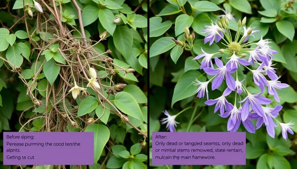 Before and after images showing the correct minimal pruning approach for Clematis alpina